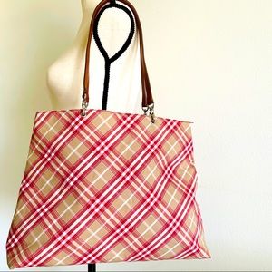 Brooks Brothers Red and Tan Plaid Canvas Tote Handbag